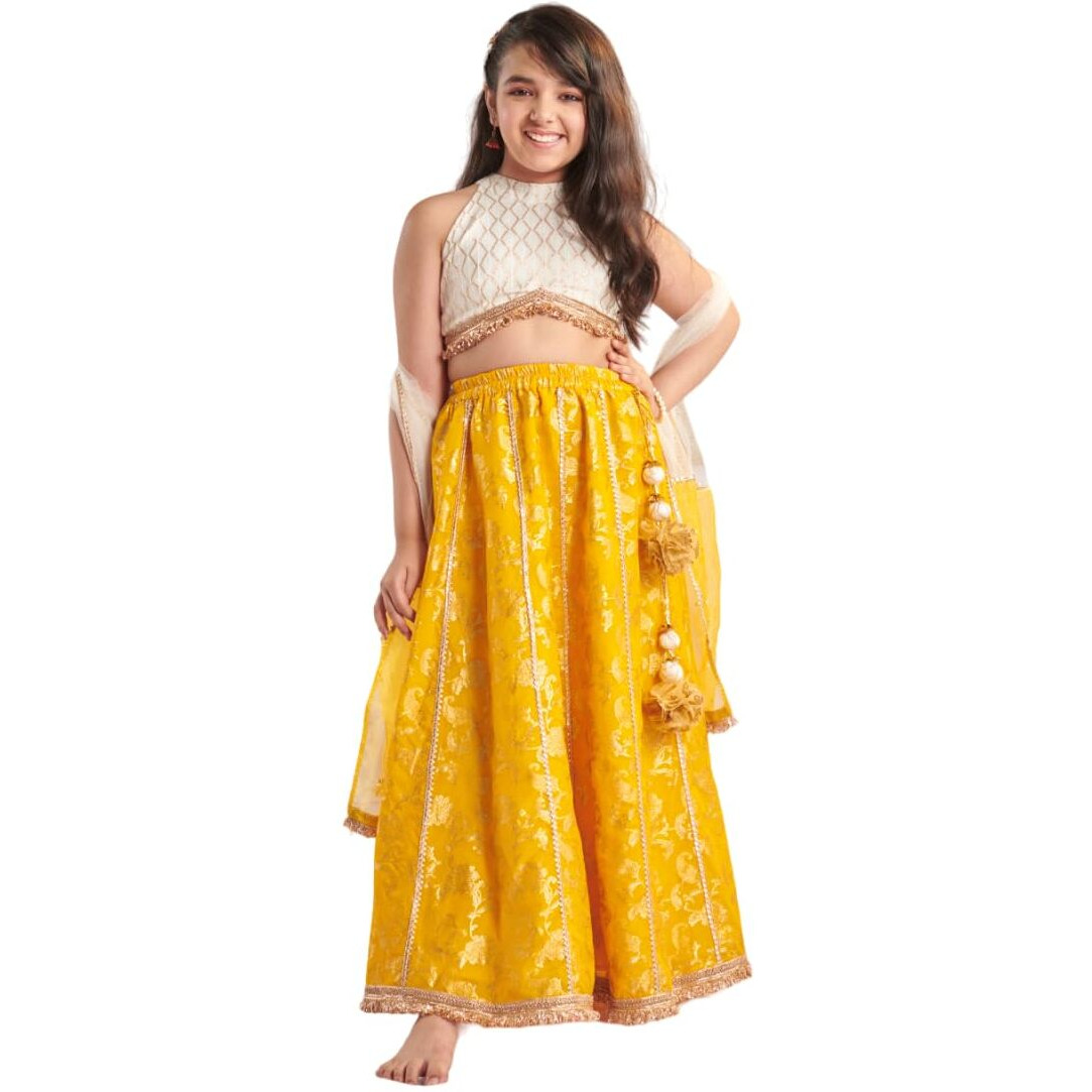 Pspeaches Girl's Silk Blend 1 Lehenga, 1 Choli, 1 Dupatta (L-Yellowzaribrocade-14- Yellow_14-15Y)