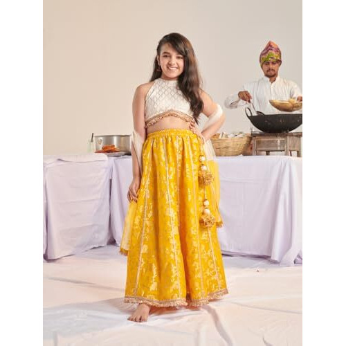 Pspeaches Girl's Silk Blend 1 Lehenga, 1 Choli, 1 Dupatta (L-Yellowzaribrocade-14- Yellow_14-15Y)