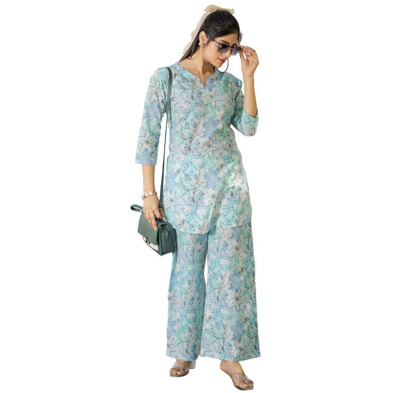 Tee Projekt Cotton Ethnic Wear Co Ord Set For Women | Travel Co Ord Set For Women Light Blue