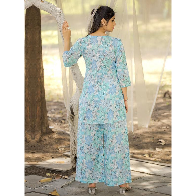 Tee Projekt Cotton Ethnic Wear Co Ord Set For Women | Travel Co Ord Set For Women Light Blue