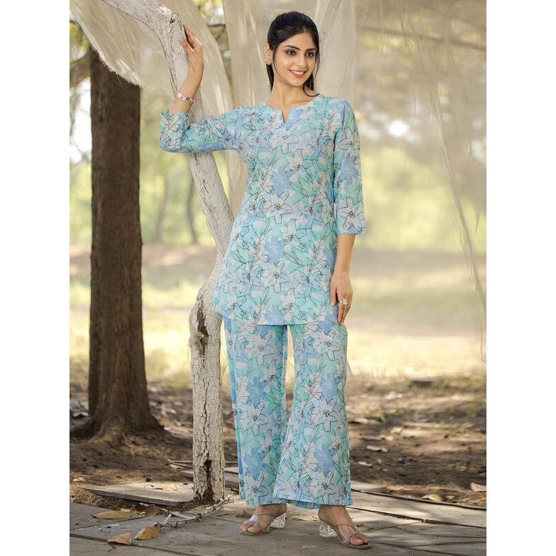 Tee Projekt Cotton Ethnic Wear Co Ord Set For Women | Travel Co Ord Set For Women Light Blue