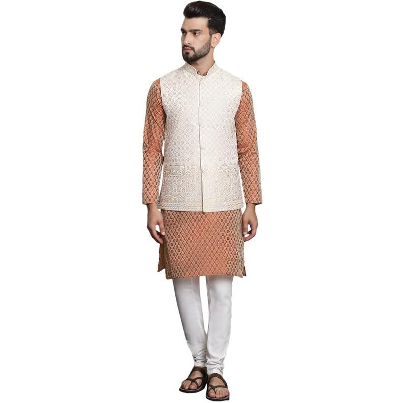 Sojanya (Since 1958 Men's Jacquard Silk Orange Kurta And Off-White Pyjama With Cream Nehru Jacket