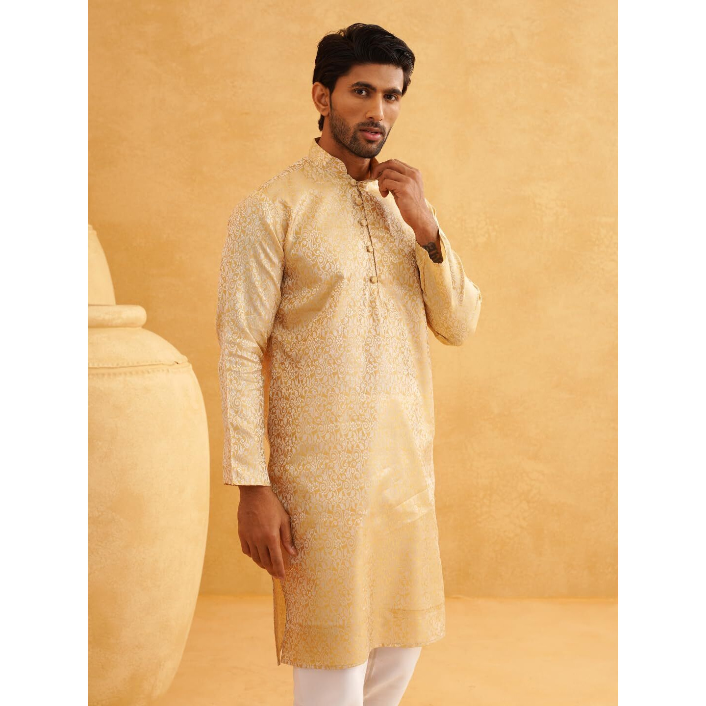 Sojanya (Since 1958 Men's Silk Blend Paisley Design Gold Only Long Kurta