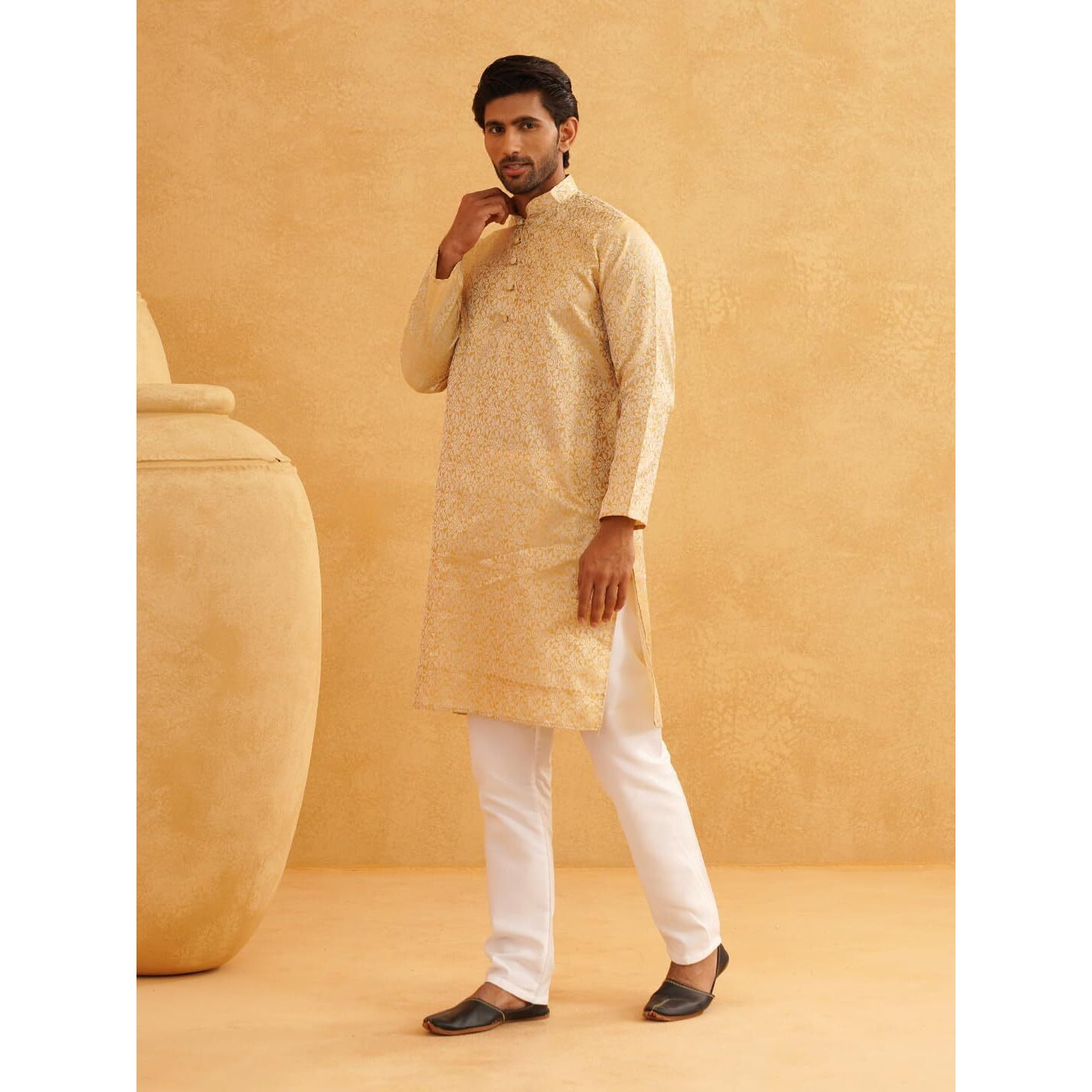 Sojanya (Since 1958 Men's Silk Blend Paisley Design Gold Only Long Kurta