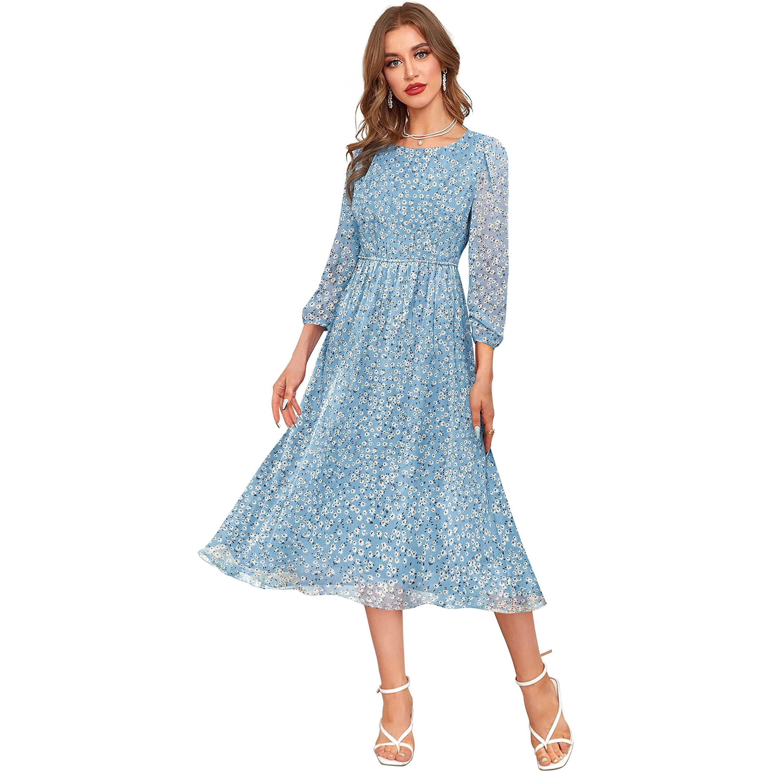 Toochki Women's Sky Blue Georgette Floral Fit & Flared Western Dress | Dress For Women | A Line Dress | Winter Dress | Western Dress | Latest Women Dress | Trendy Dress | Midi Dress