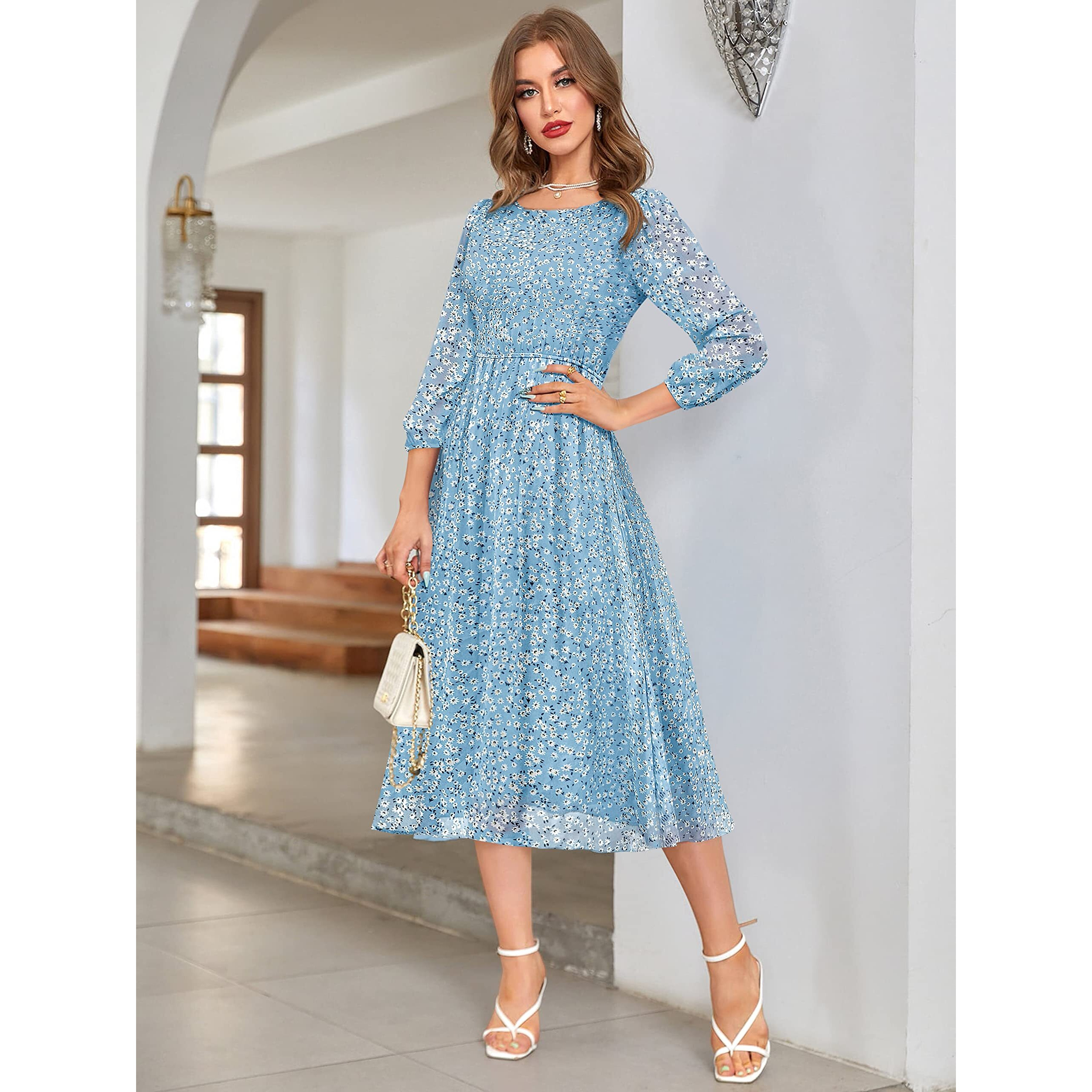 Toochki Women's Sky Blue Georgette Floral Fit & Flared Western Dress | Dress For Women | A Line Dress | Winter Dress | Western Dress | Latest Women Dress | Trendy Dress | Midi Dress