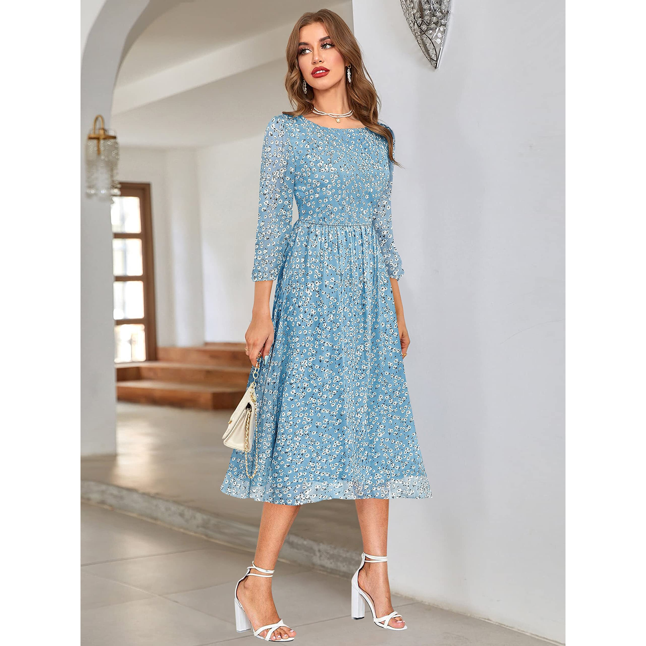 Toochki Women's Sky Blue Georgette Floral Fit & Flared Western Dress | Dress For Women | A Line Dress | Winter Dress | Western Dress | Latest Women Dress | Trendy Dress | Midi Dress