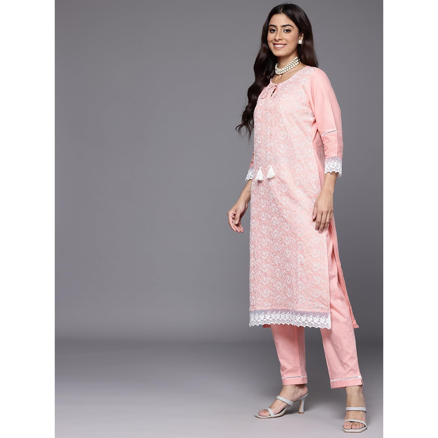 Varanga Women Peach Round Neck Chikankari Straight Kurta With Bottom And Dupatta