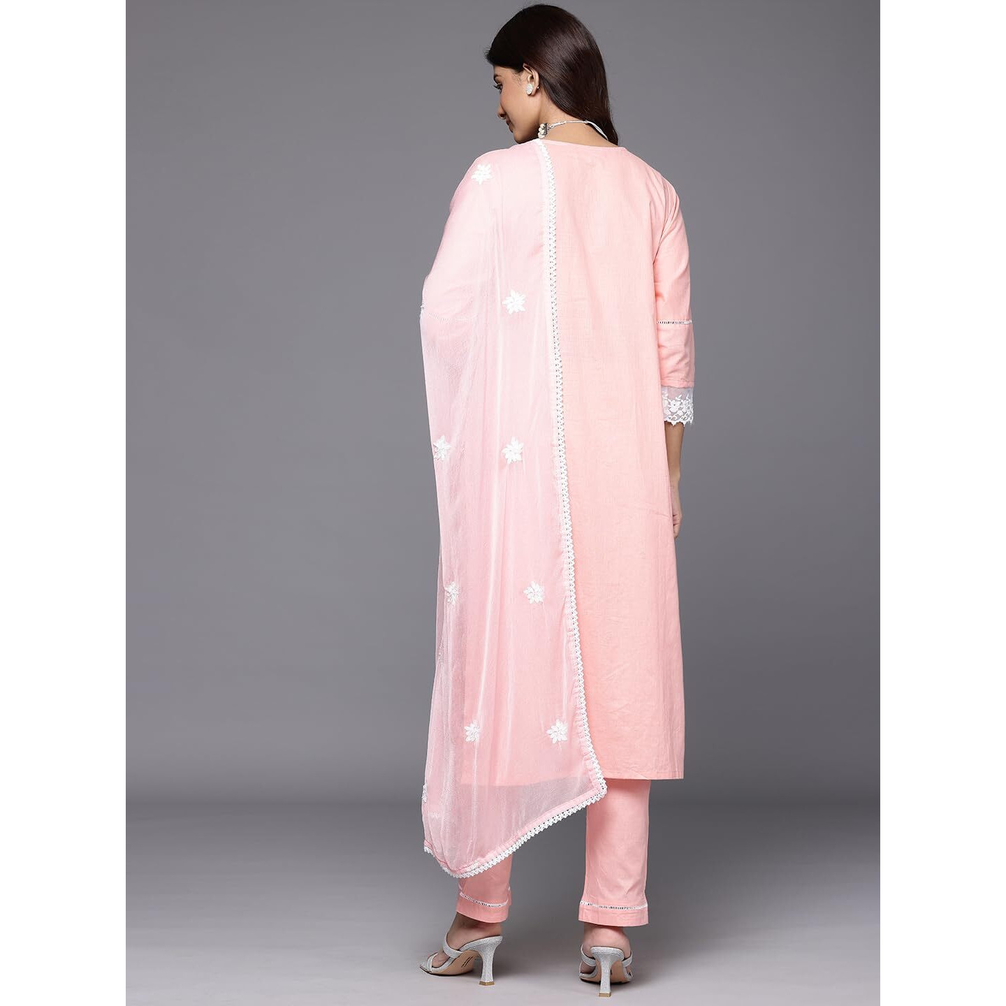 Varanga Women Peach Round Neck Chikankari Straight Kurta With Bottom And Dupatta