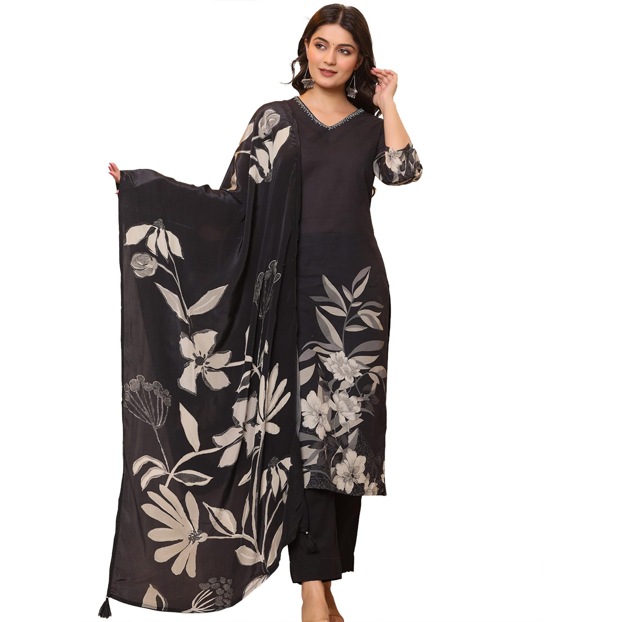 Varanga Women Floral Placement Printed V Neck Thread Embroidered Kurta With Trouser & Dupatta