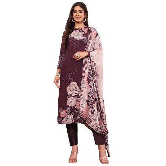 Varanga Women Pure Purple Floral Printed Kurta Set And Dupatta