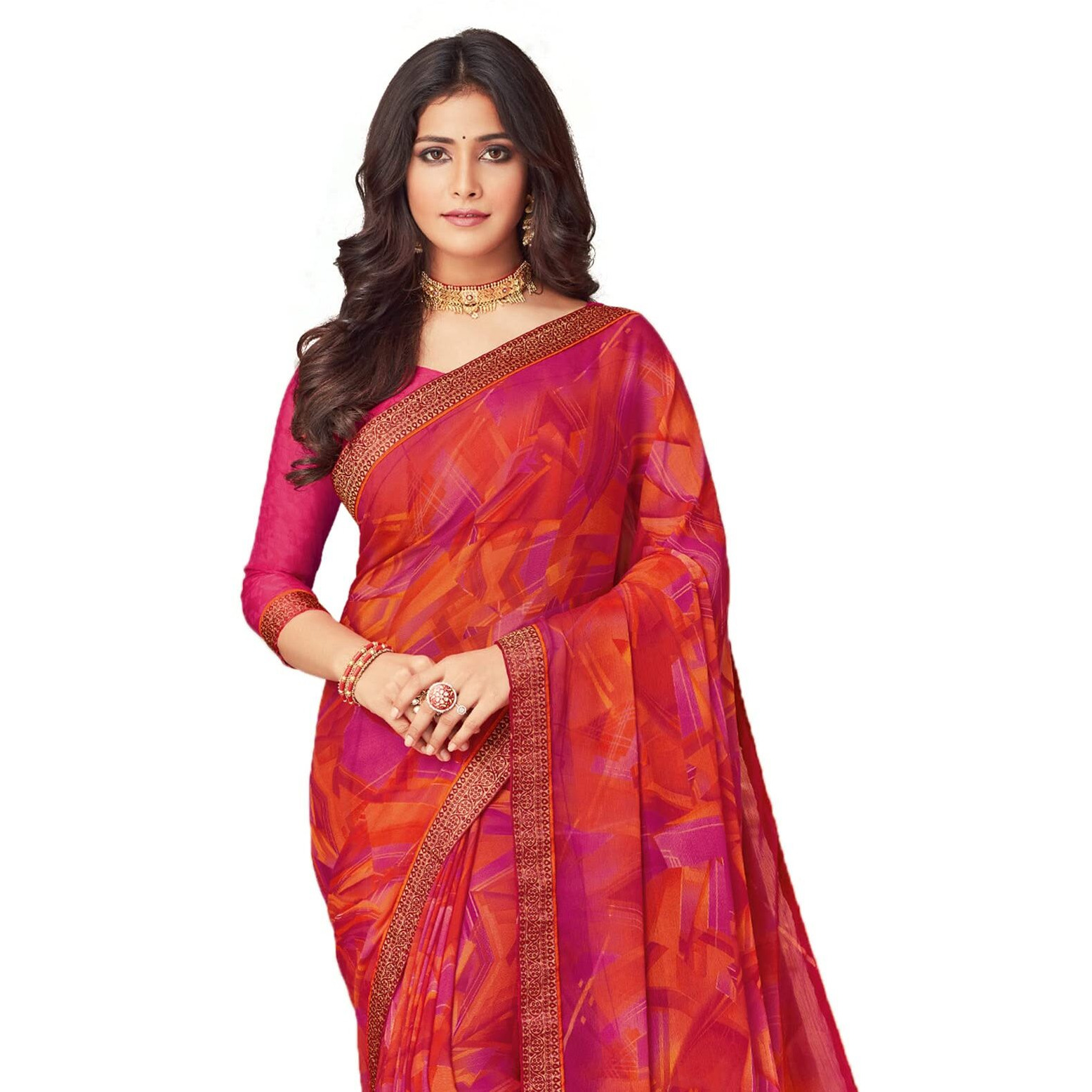 Satrani Women's Pure Chiffon Saree (2206Sn933_Hot Pink & Multi)