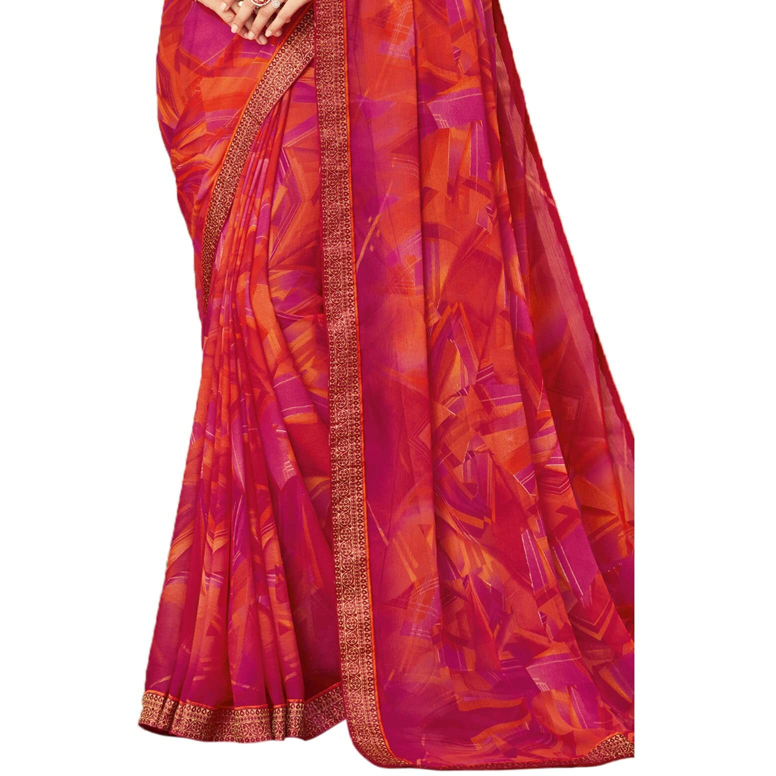 Satrani Women's Pure Chiffon Saree (2206Sn933_Hot Pink & Multi)