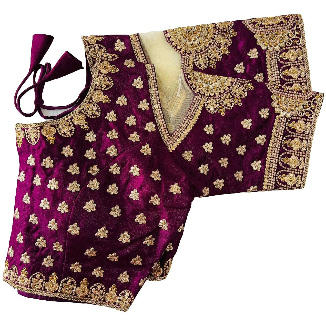Vihu Fashion Women's Heavy Milan Silk Codding Embroidery With Diamond Work Net Cutwork Blouse (Gopika Wine)