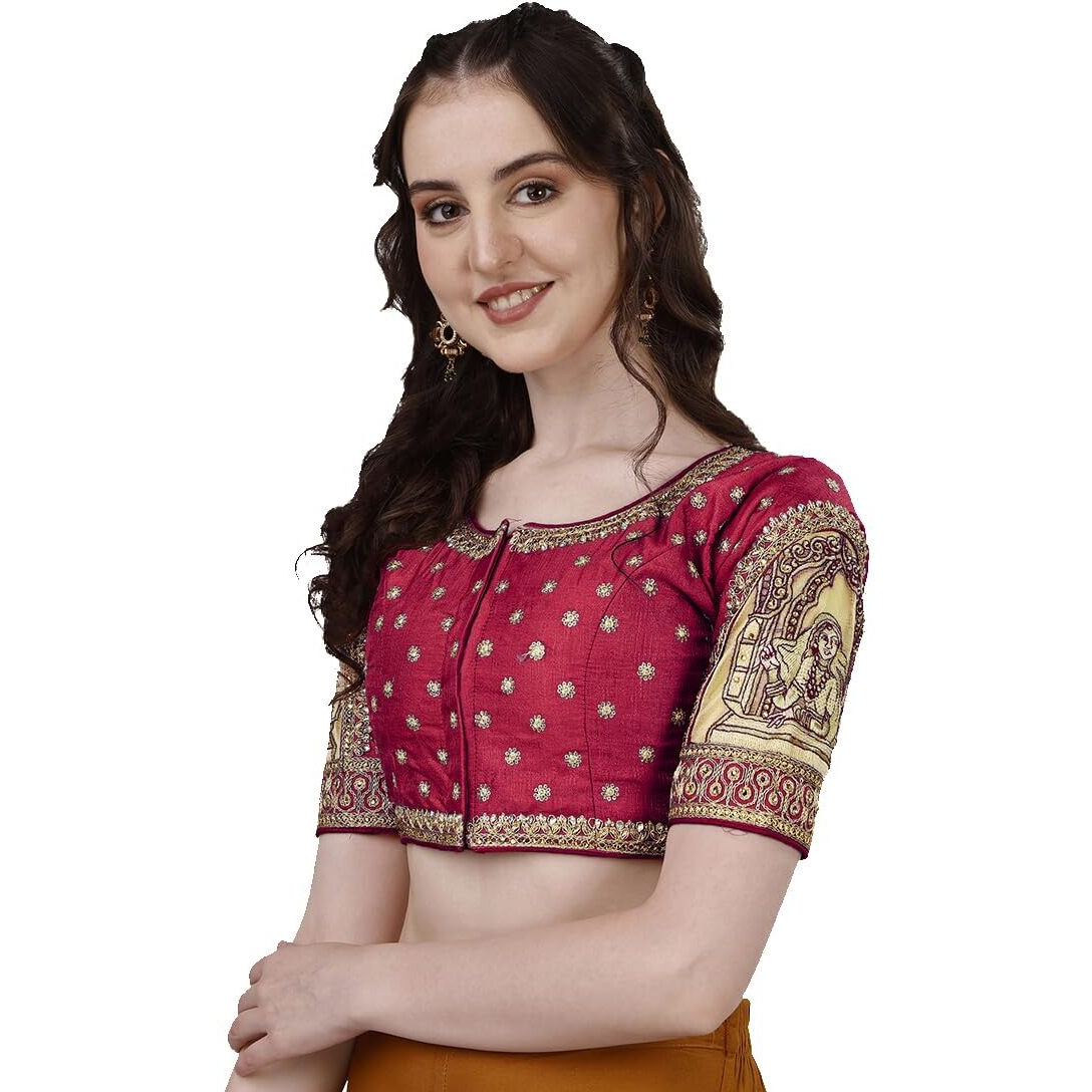 Vihu Fashion Women's Heavy Embroidery Coding With Sequins And Diamond Work Half Sleeves Fancy Cutwork Readymade Saree Blouse.(Palace Red_38)