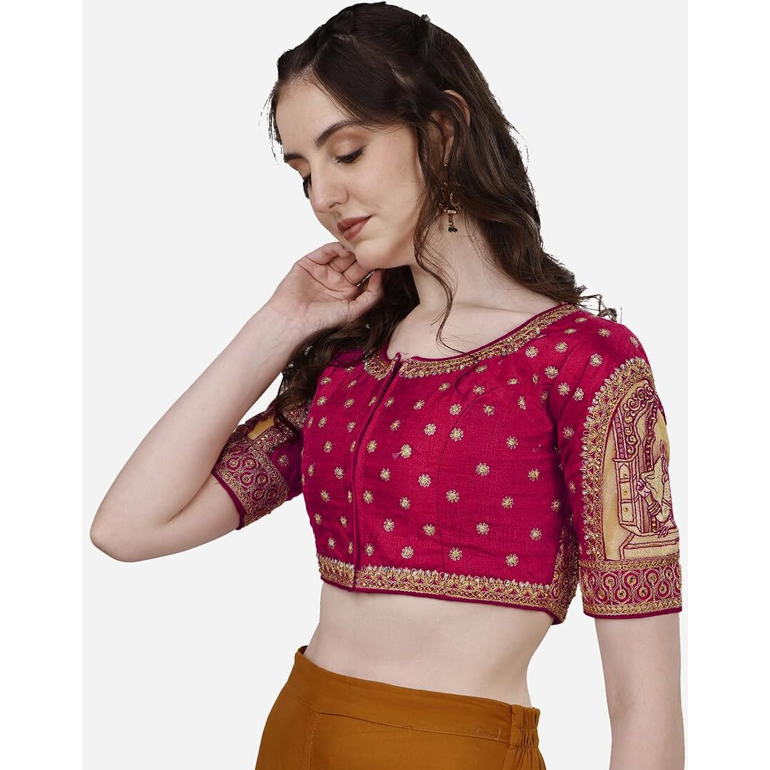 Vihu Fashion Women's Heavy Embroidery Coding With Sequins And Diamond Work Half Sleeves Fancy Cutwork Readymade Saree Blouse.(Palace Red_38)