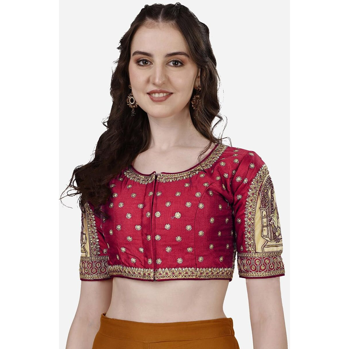Vihu Fashion Women's Heavy Embroidery Coding With Sequins And Diamond Work Half Sleeves Fancy Cutwork Readymade Saree Blouse.(Palace Red_38)