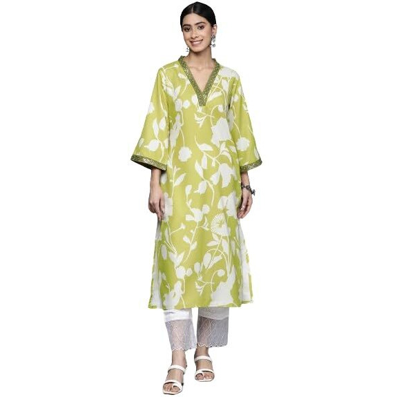 Varanga Women Lime Green Floral Printed V-Neck Kurta With Three Quarter Bell Sleeves - Comfortable Cotton Ethnic Kurti Set For Women (Double Extra Large)