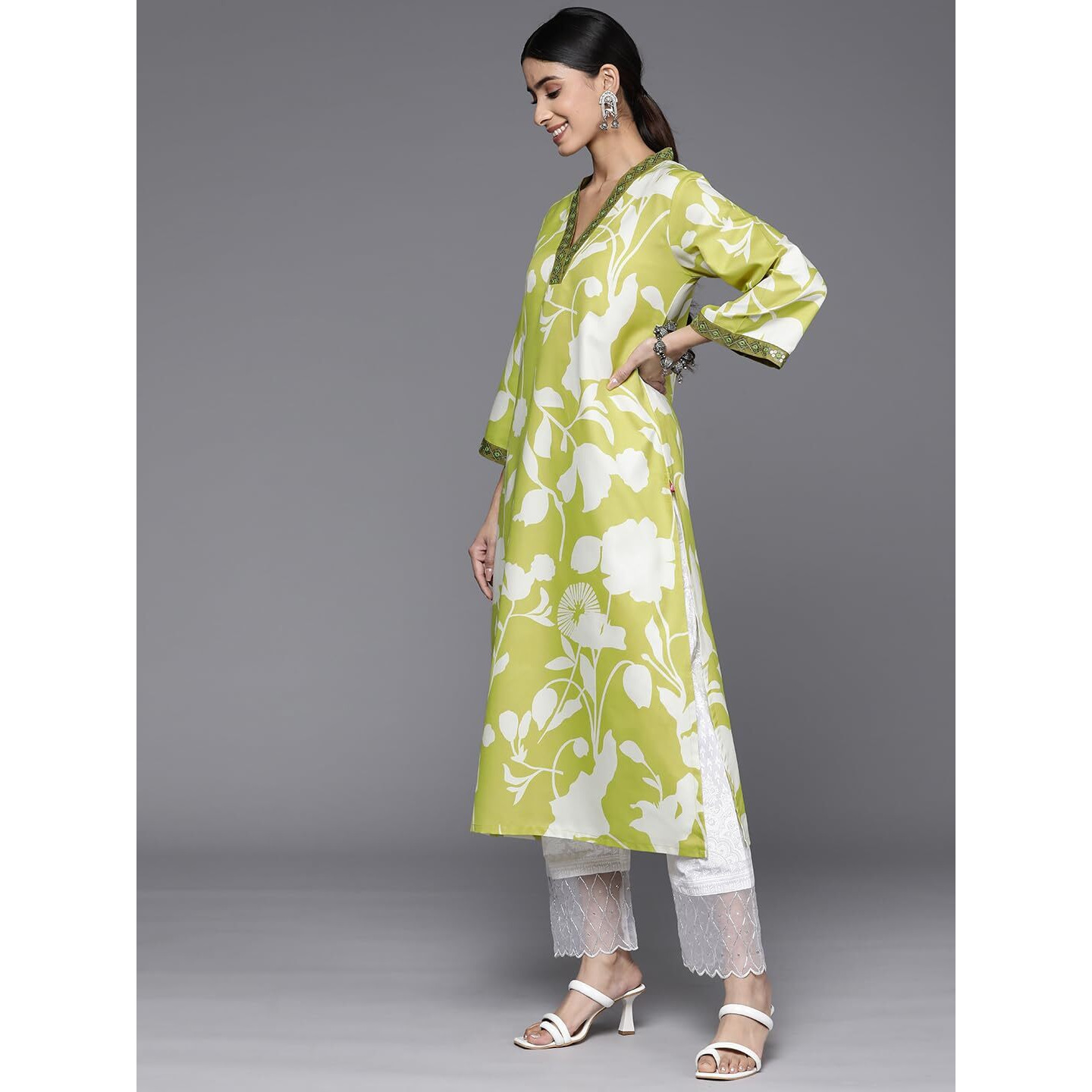 Varanga Women Lime Green Floral Printed V-Neck Kurta With Three Quarter Bell Sleeves - Comfortable Cotton Ethnic Kurti Set For Women (Double Extra Large)