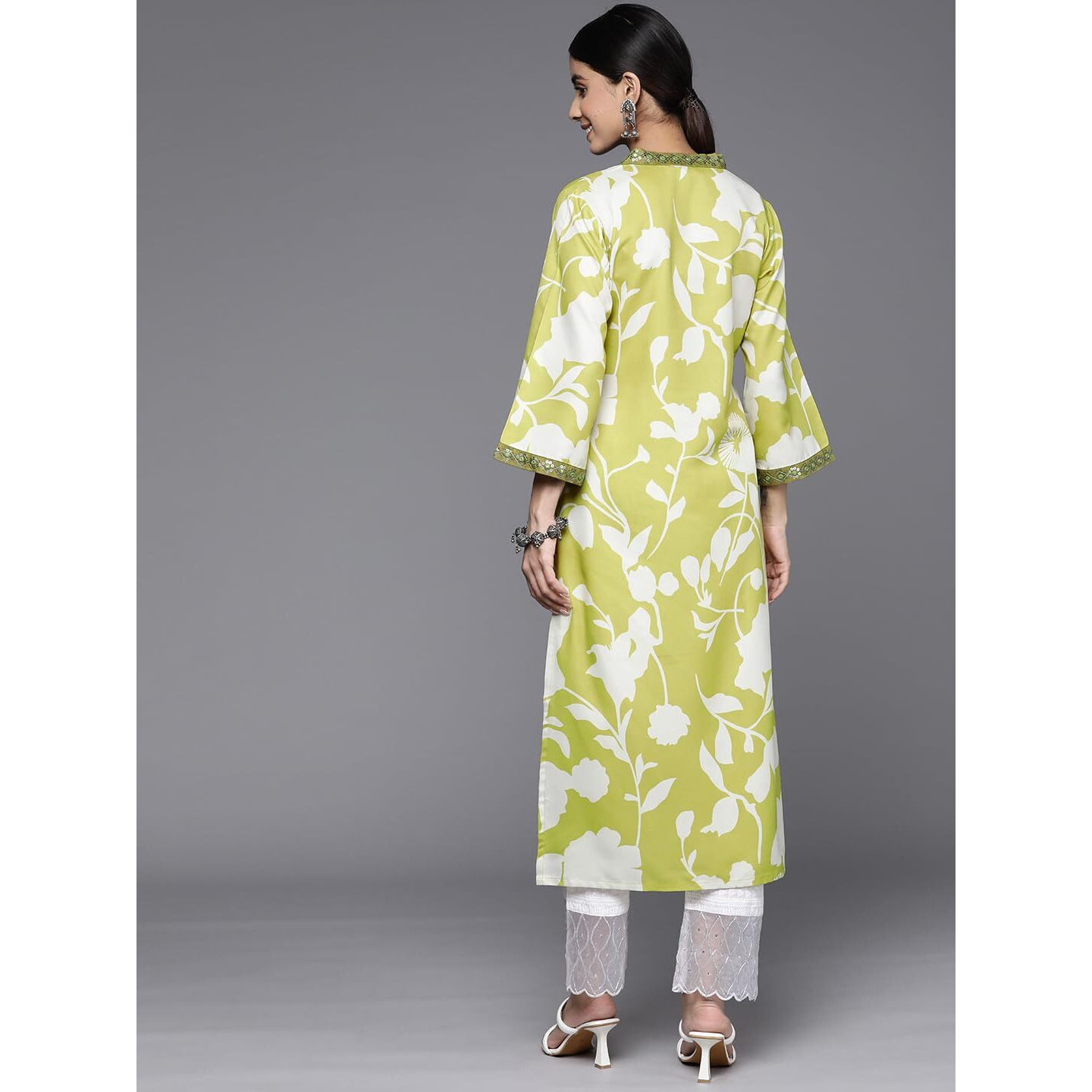 Varanga Women Lime Green Floral Printed V-Neck Kurta With Three Quarter Bell Sleeves - Comfortable Cotton Ethnic Kurti Set For Women (Double Extra Large)
