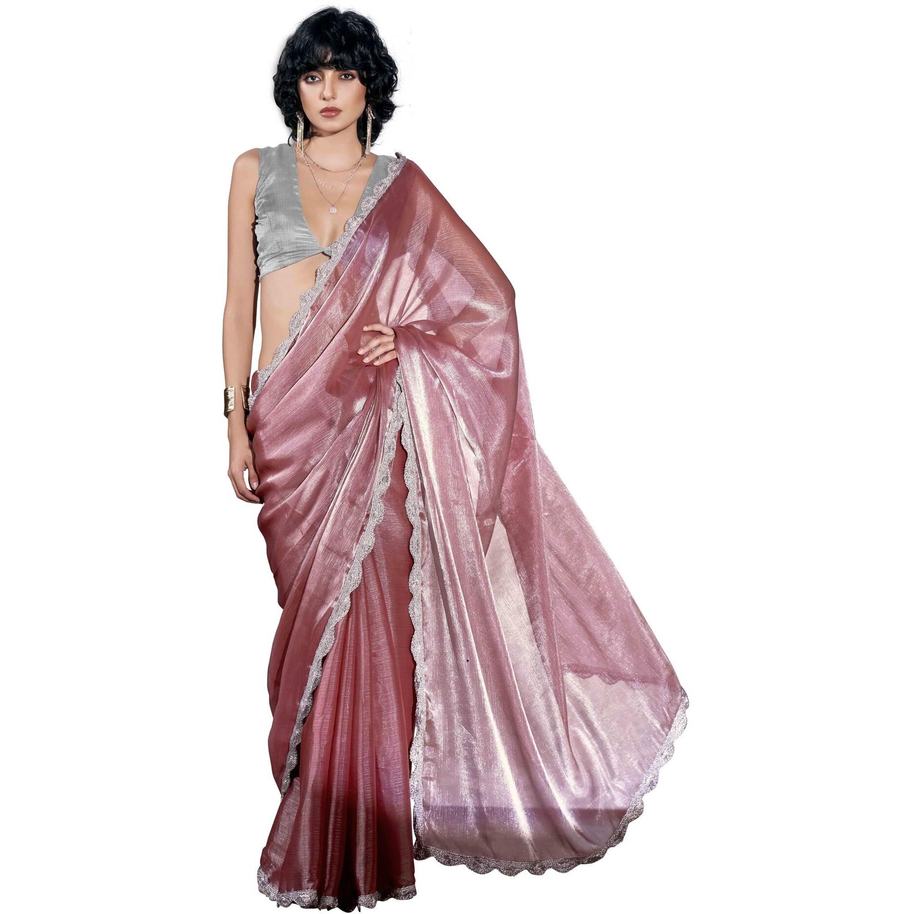 Womanista Women's Chiffon Blend Jimmychoo Solid Pink Saree Embellished Lace With Un-Stitched Blouse