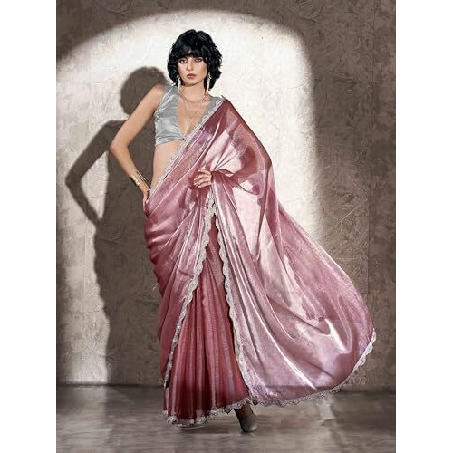 Womanista Women's Chiffon Blend Jimmychoo Solid Pink Saree Embellished Lace With Un-Stitched Blouse