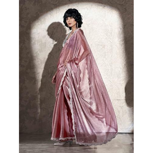 Womanista Women's Chiffon Blend Jimmychoo Solid Pink Saree Embellished Lace With Un-Stitched Blouse