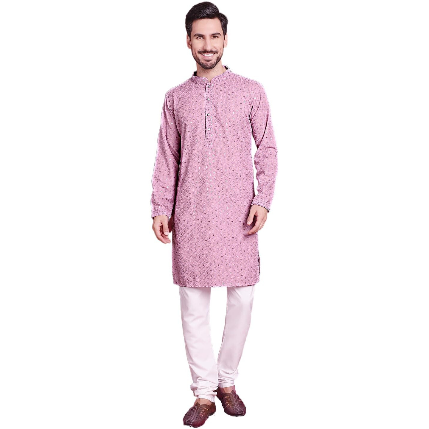 Jompers Light-Purple Chikankari Embroidered And Sequence Kurta With Pyjama For Men (Light-Purple, L,)