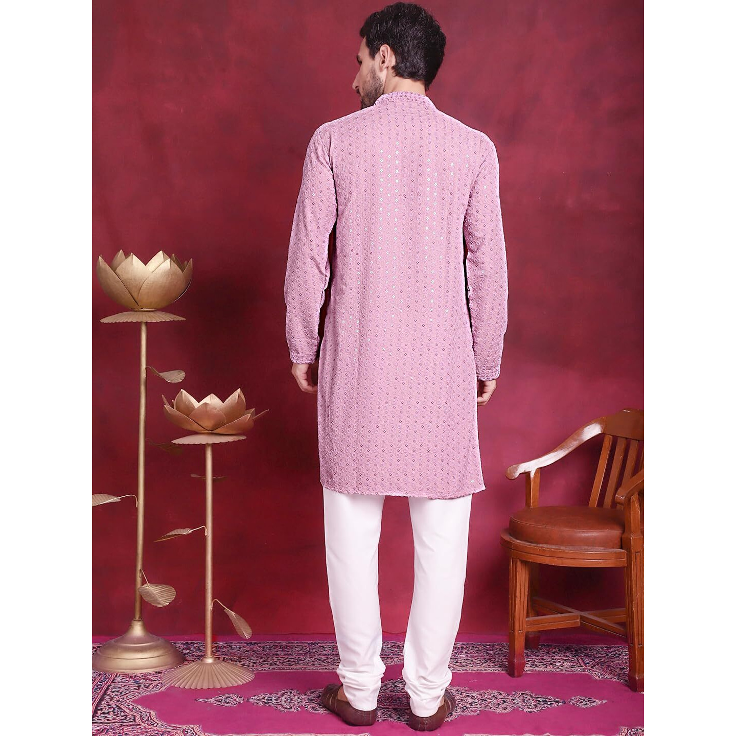 Jompers Light-Purple Chikankari Embroidered And Sequence Kurta With Pyjama For Men (Light-Purple, L,)