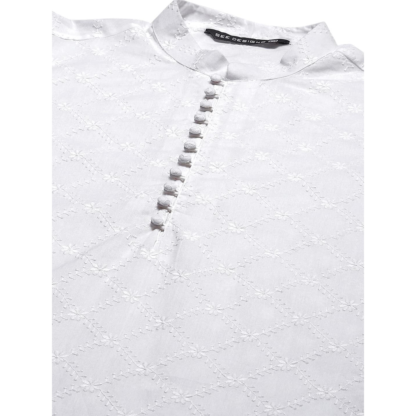 See Designs White Cotton Regular Fit Chikankari Kurta Mandarin Collar Long Sleeves_Sdkt1094Xl