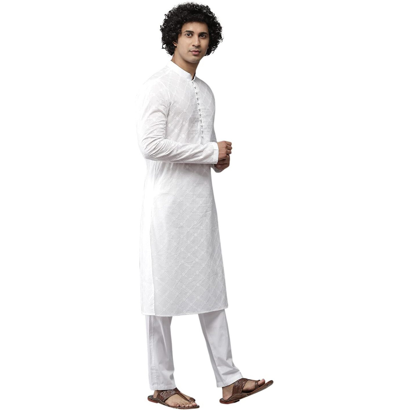 See Designs White Cotton Regular Fit Chikankari Kurta Mandarin Collar Long Sleeves_Sdkt1094Xl