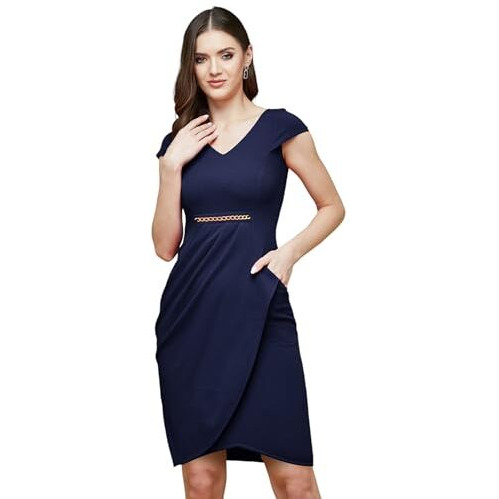 Miss Chase Women's V-Neck Cap Sleeve Dress (Mcss22D16-20-71-03, Navy Blue, S)