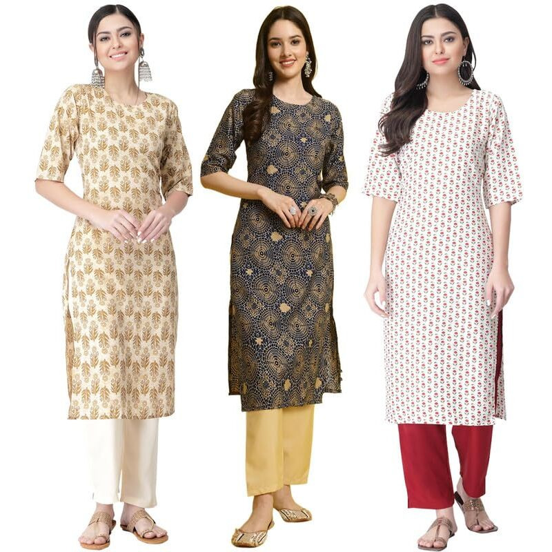 Pinkmint Women's Crepe Printed Kurta Pant Straight Kurta Set For Women(Pack Of 3)