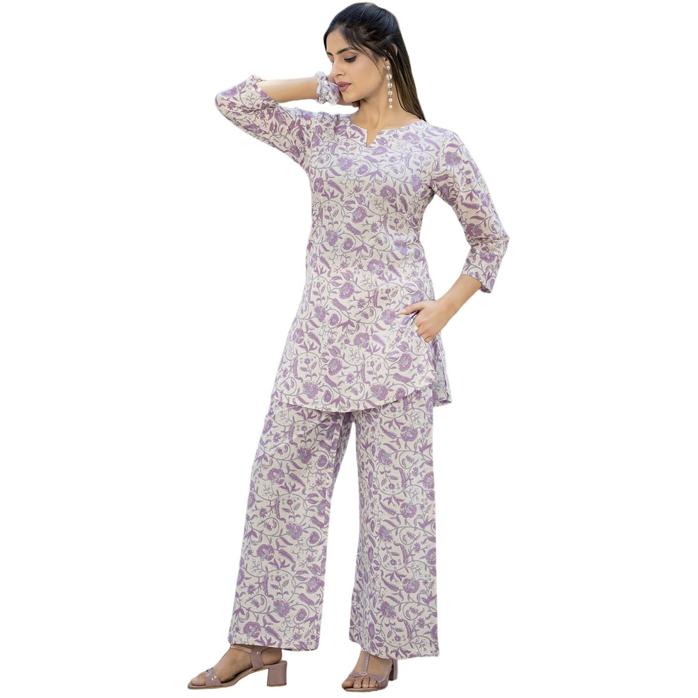 Pinkmint Pure Cotton Co Ord Set For Women L Flower & Leaf Pattern Set L 3/4 Sleeve Co Ord Set