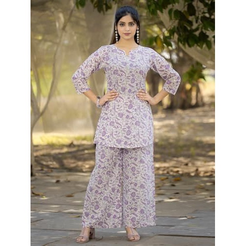 Pinkmint Pure Cotton Co Ord Set For Women L Flower & Leaf Pattern Set L 3/4 Sleeve Co Ord Set