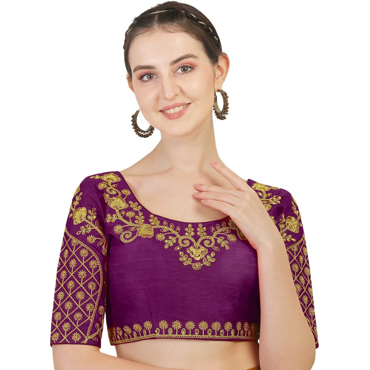 Pujia Mills Women's Embroidery Handwork Thread Zari Stone Work Readymade Blouse (36, Wine)