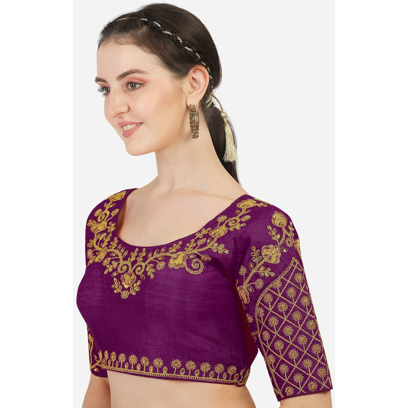 Pujia Mills Women's Embroidery Handwork Thread Zari Stone Work Readymade Blouse (36, Wine)