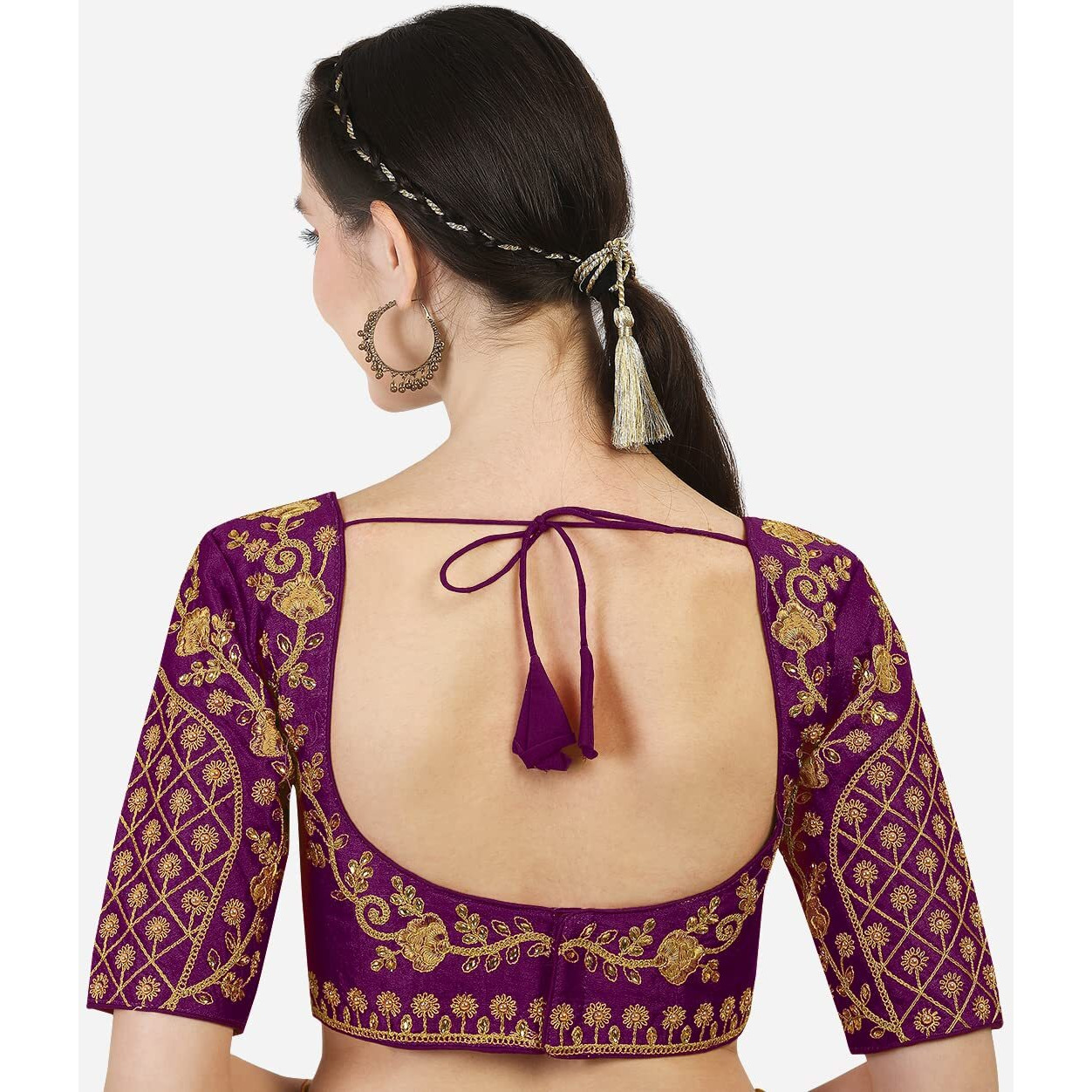 Pujia Mills Women's Embroidery Handwork Thread Zari Stone Work Readymade Blouse (36, Wine)