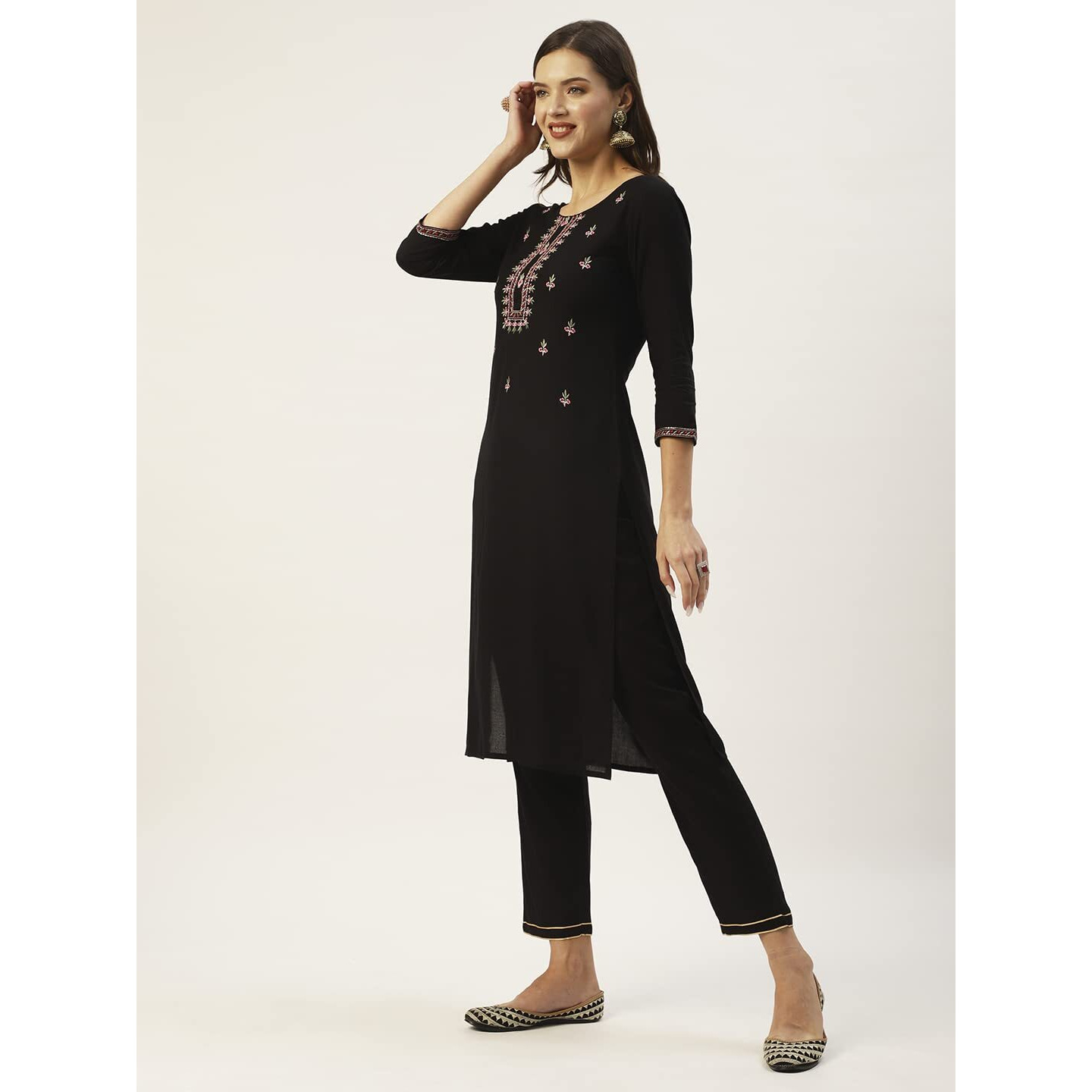 Anubhutee Women's Rayon Black Thread Work Floral Embroidered Straight Kurta Suit Set With Pants