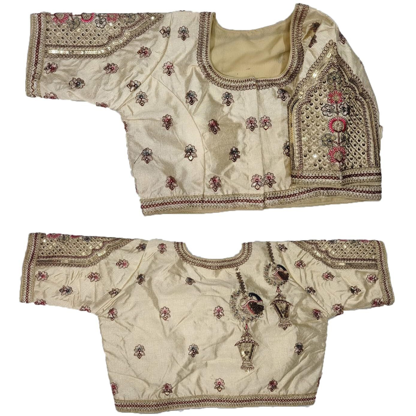 Pujia Mills Women's Indian Ethnic Designer Codding With Zari Embroidery Copper Sequence Work Round Neck Half Sleeve Readymade Aari Work Saree Blouse Bridal Readymade Blouse Cream For Lehenga Choli