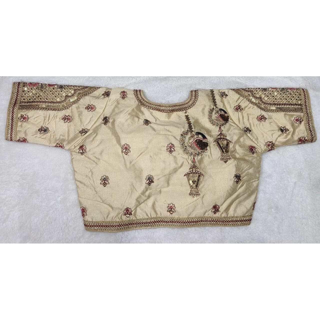 Pujia Mills Women's Indian Ethnic Designer Codding With Zari Embroidery Copper Sequence Work Round Neck Half Sleeve Readymade Aari Work Saree Blouse Bridal Readymade Blouse Cream For Lehenga Choli