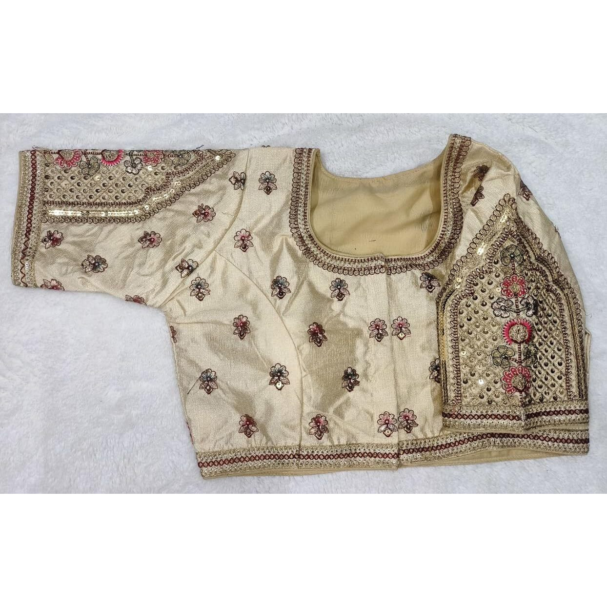 Pujia Mills Women's Indian Ethnic Designer Codding With Zari Embroidery Copper Sequence Work Round Neck Half Sleeve Readymade Aari Work Saree Blouse Bridal Readymade Blouse Cream For Lehenga Choli