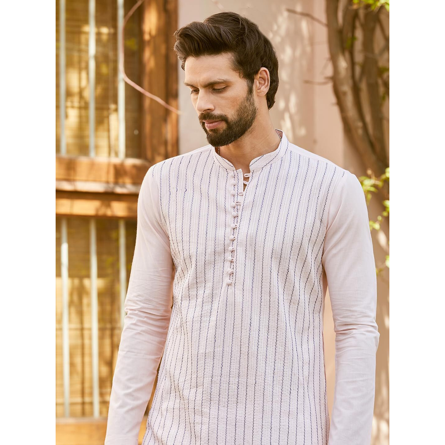 See Designs Men Full Sleeve Pink Cotton Pintex Design Sequins Mandarin Collar Side Slit Kurta - Sd2Kt_2463M