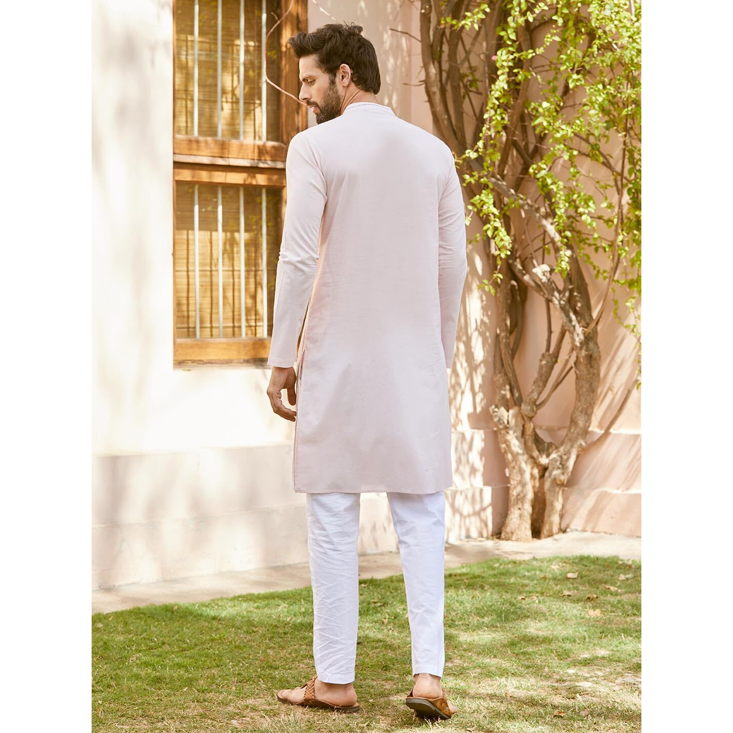 See Designs Men Full Sleeve Pink Cotton Pintex Design Sequins Mandarin Collar Side Slit Kurta - Sd2Kt_2463M