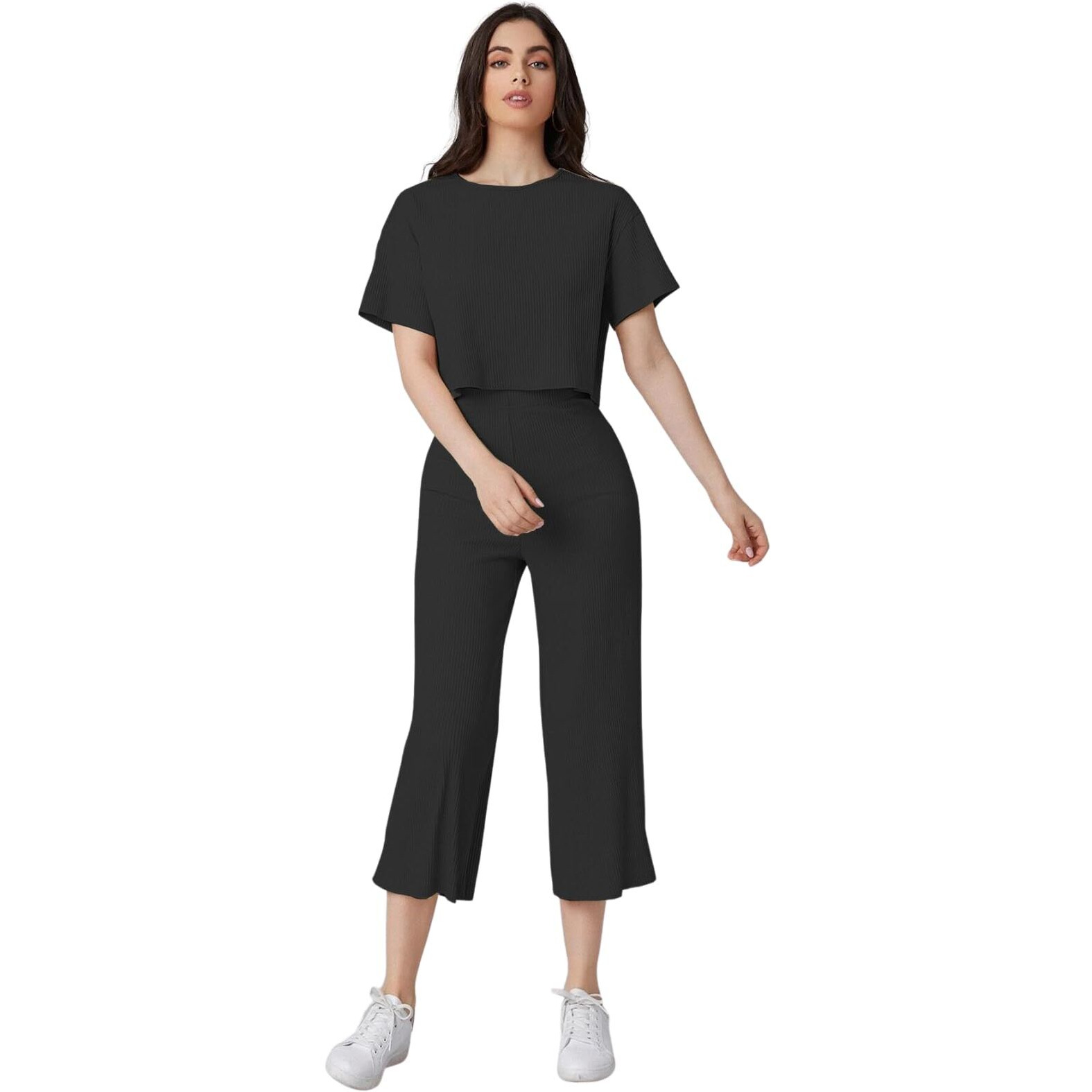 Dhruvi Trendz Womens Ribbed Pyjama Sets Regular Fit Co-Ord Set (Dt-W1789&Tr848_Black_M)
