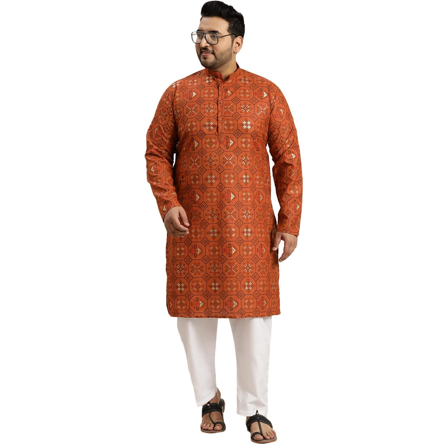 Sojanya Plus (Since 1958) Men's Cotton Linen Orange And Multi Printed Kurta And White Pyjama Set