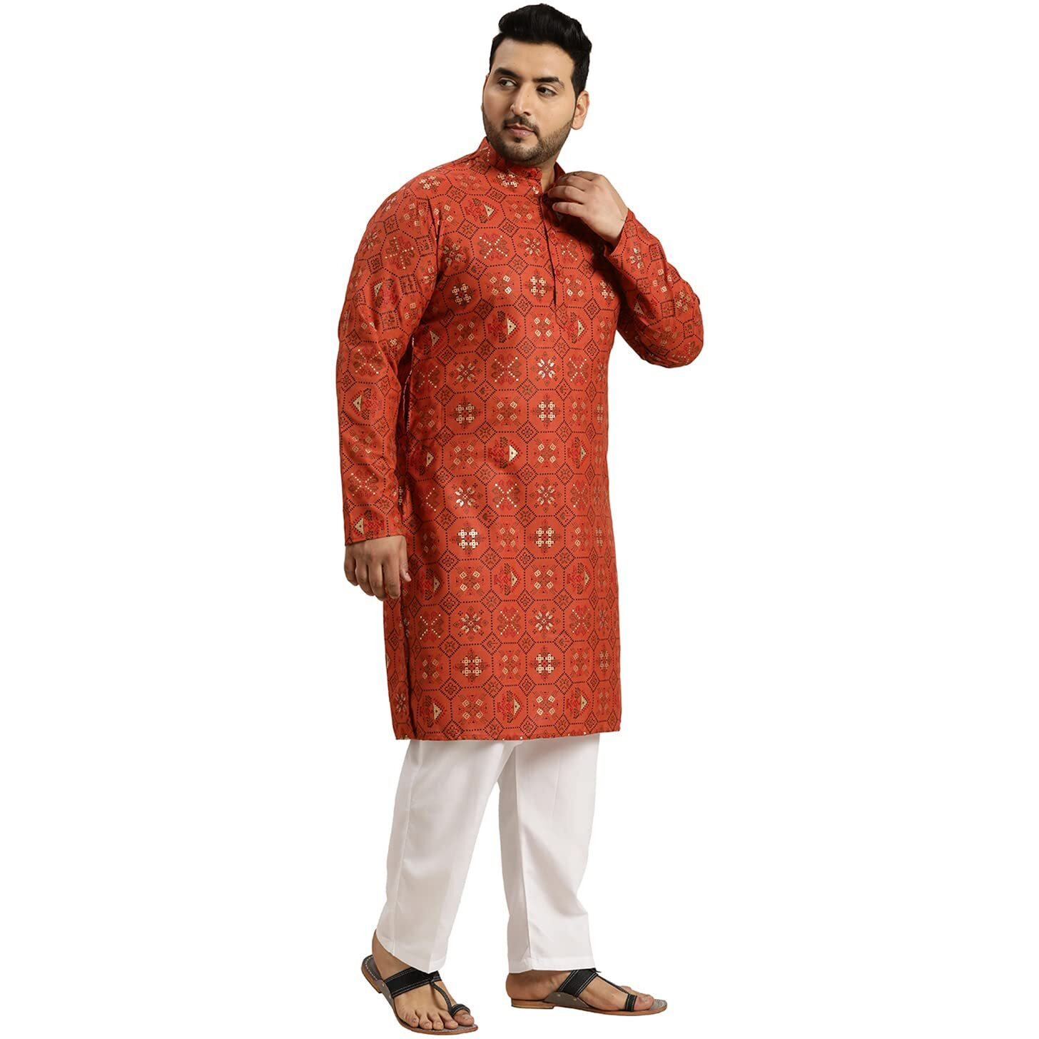 Sojanya Plus (Since 1958) Men's Cotton Linen Orange And Multi Printed Kurta And White Pyjama Set