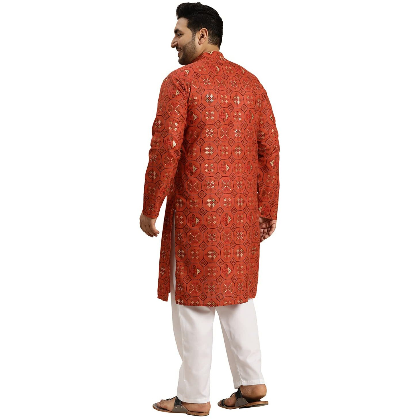 Sojanya Plus (Since 1958) Men's Cotton Linen Orange And Multi Printed Kurta And White Pyjama Set