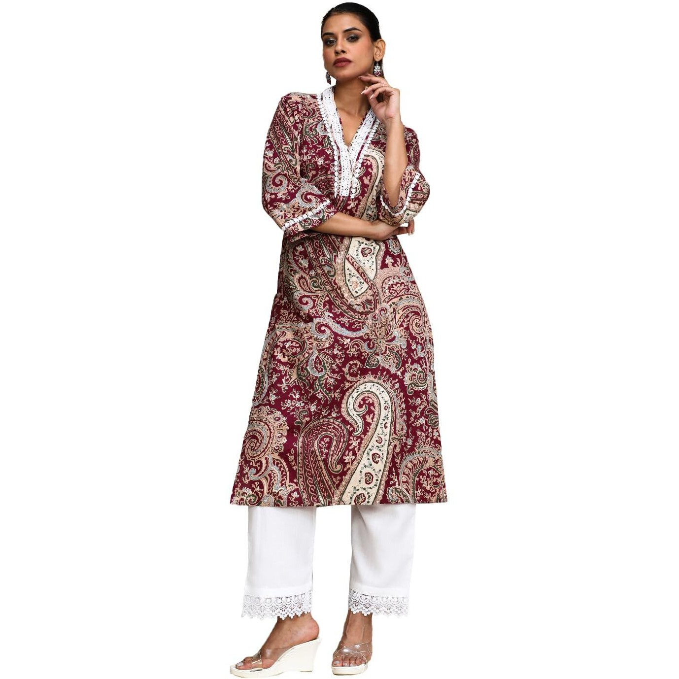 Varanga Women Paisley Printed Three Quarter Sleeve Kurta Brown