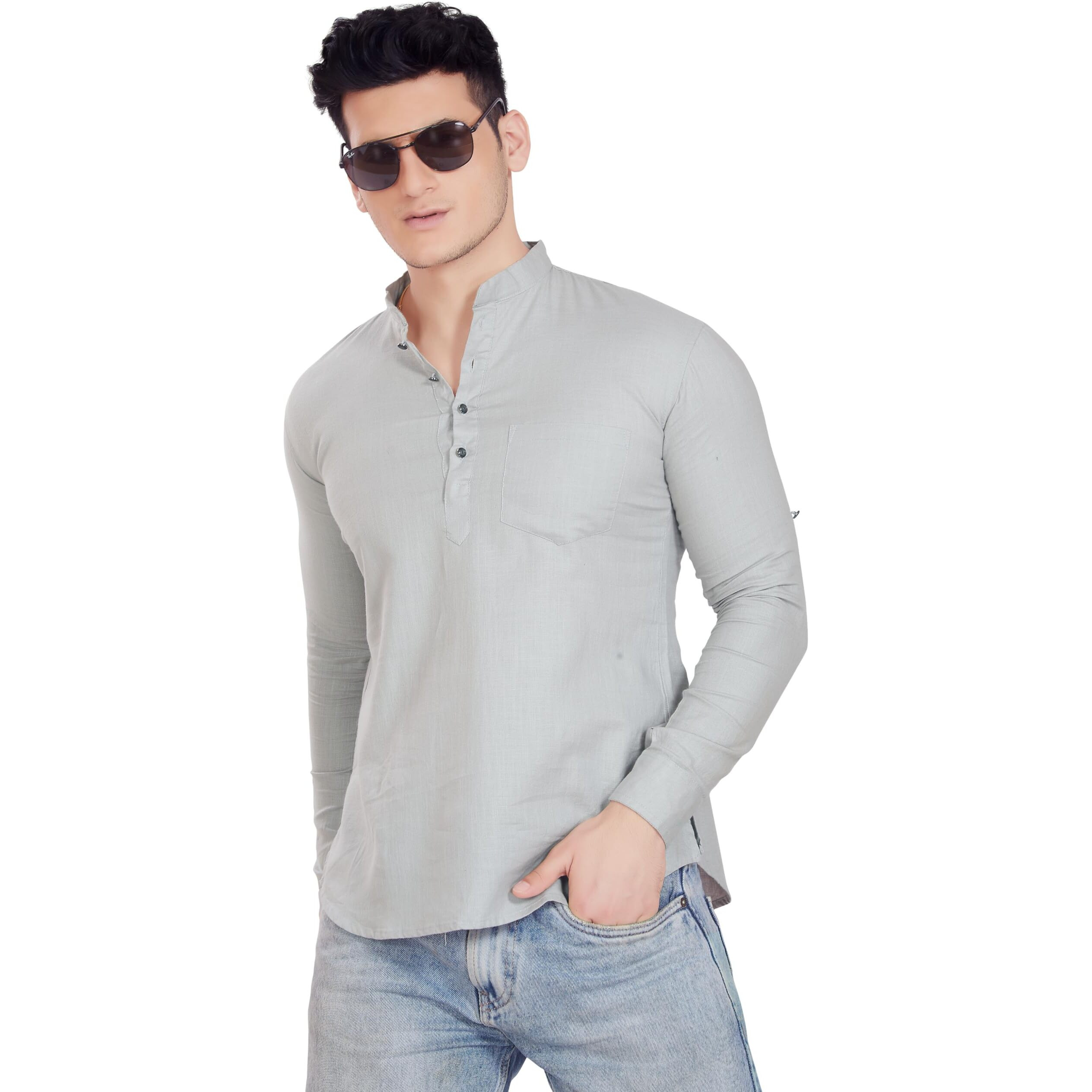 Divisive Men's Pure Cotton Relaxed Fit Short Kurta (Dkrt256_L_Grey)